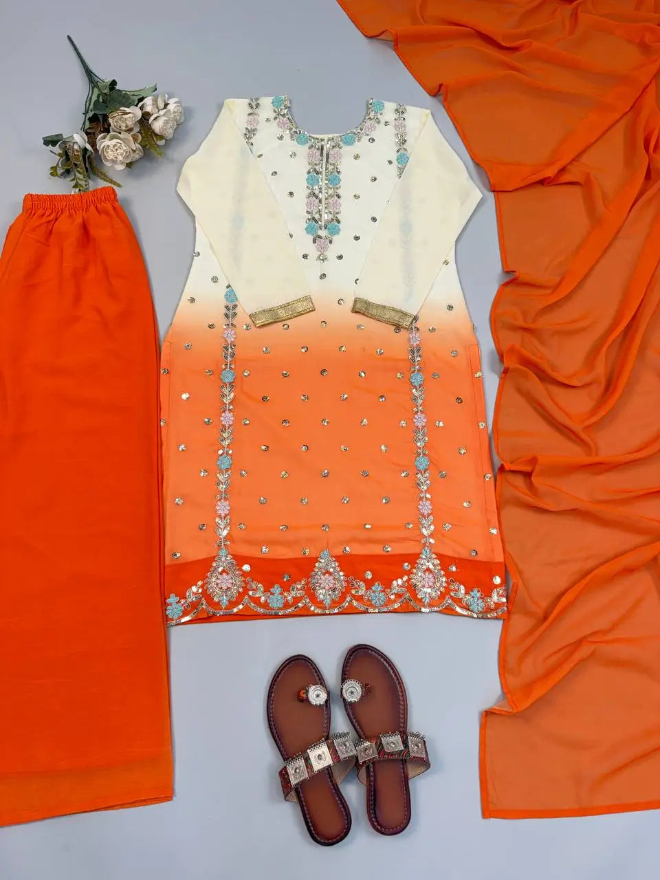 Ombre Mirror Work Kurti Set