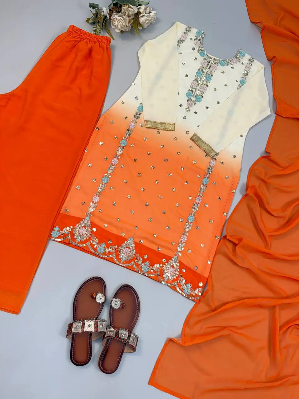 Ombre Mirror Work Kurti Set
