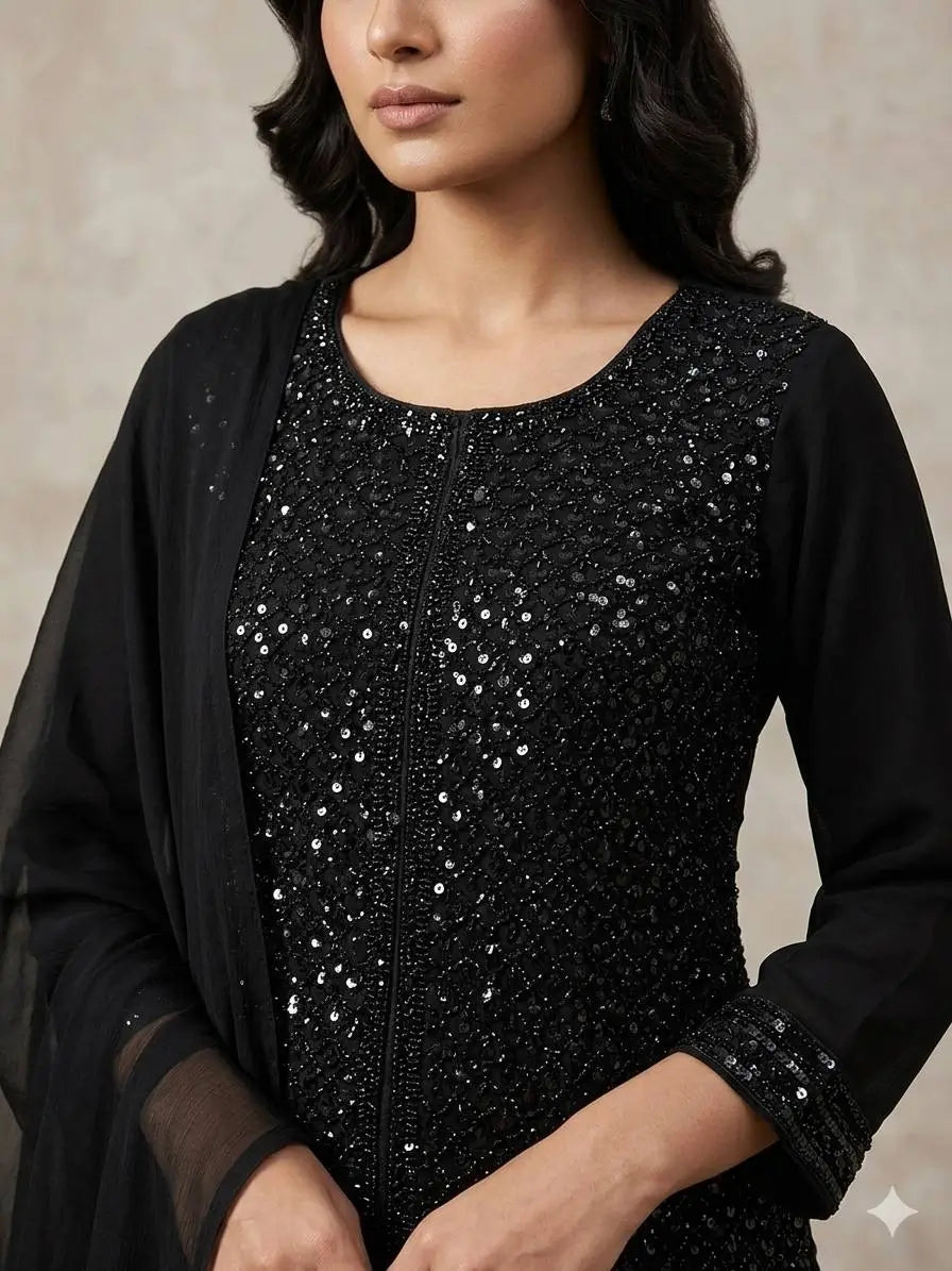 Onyx Bead Sequin Georgette Sharara