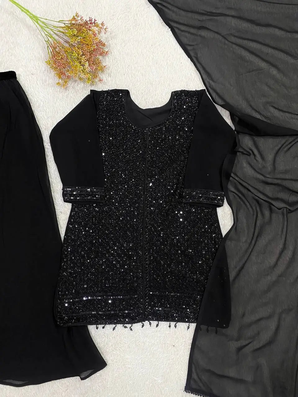 Onyx Bead Sequin Georgette Sharara