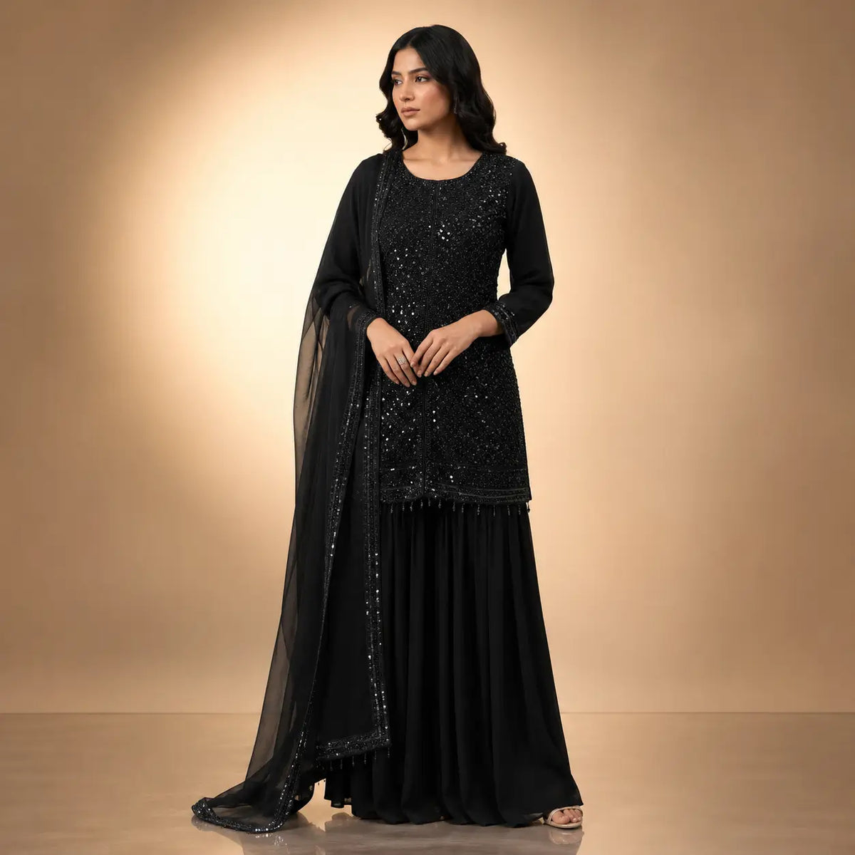 Onyx Bead Sequin Georgette Sharara