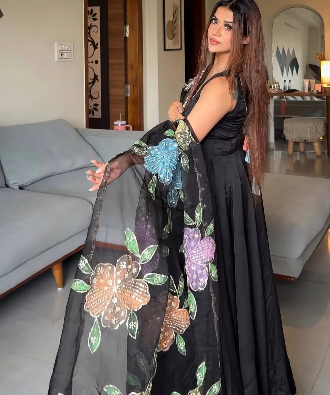 Onyx Butterfly Print Anarkali