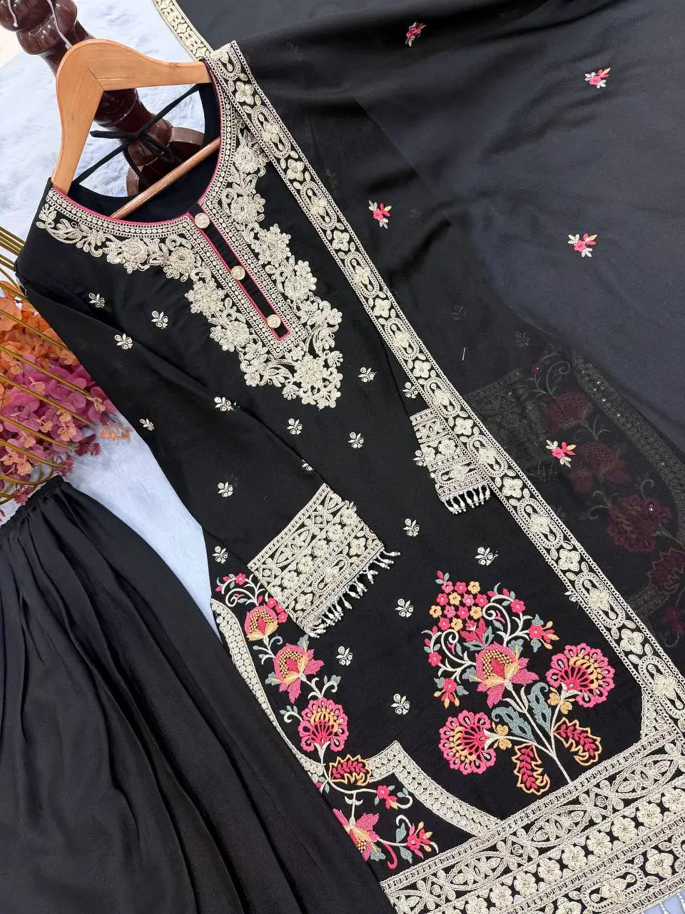 Onyx Floral Embroidered Palazzo Suit