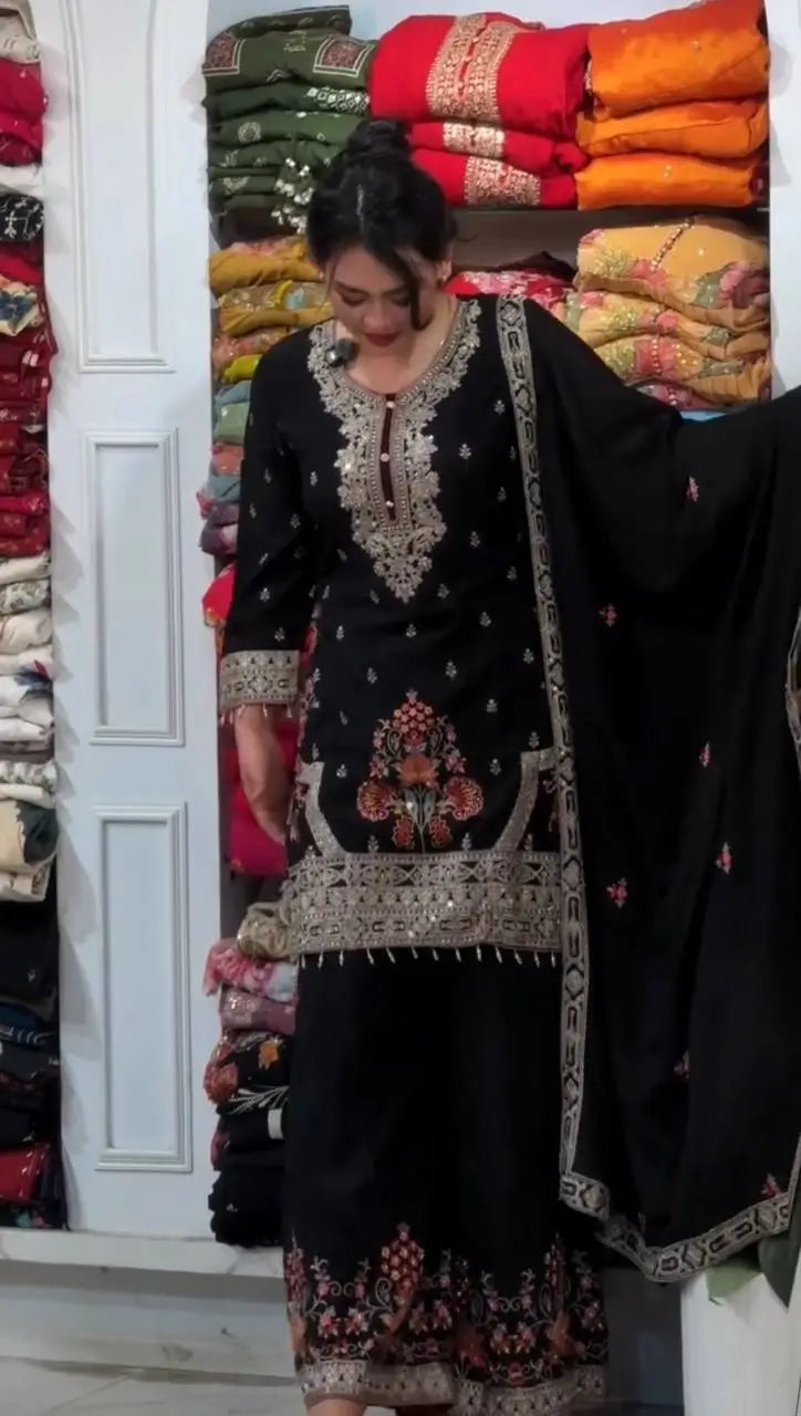 Onyx Floral Embroidered Palazzo Suit