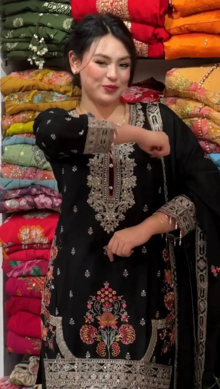 Onyx Floral Embroidered Palazzo Suit