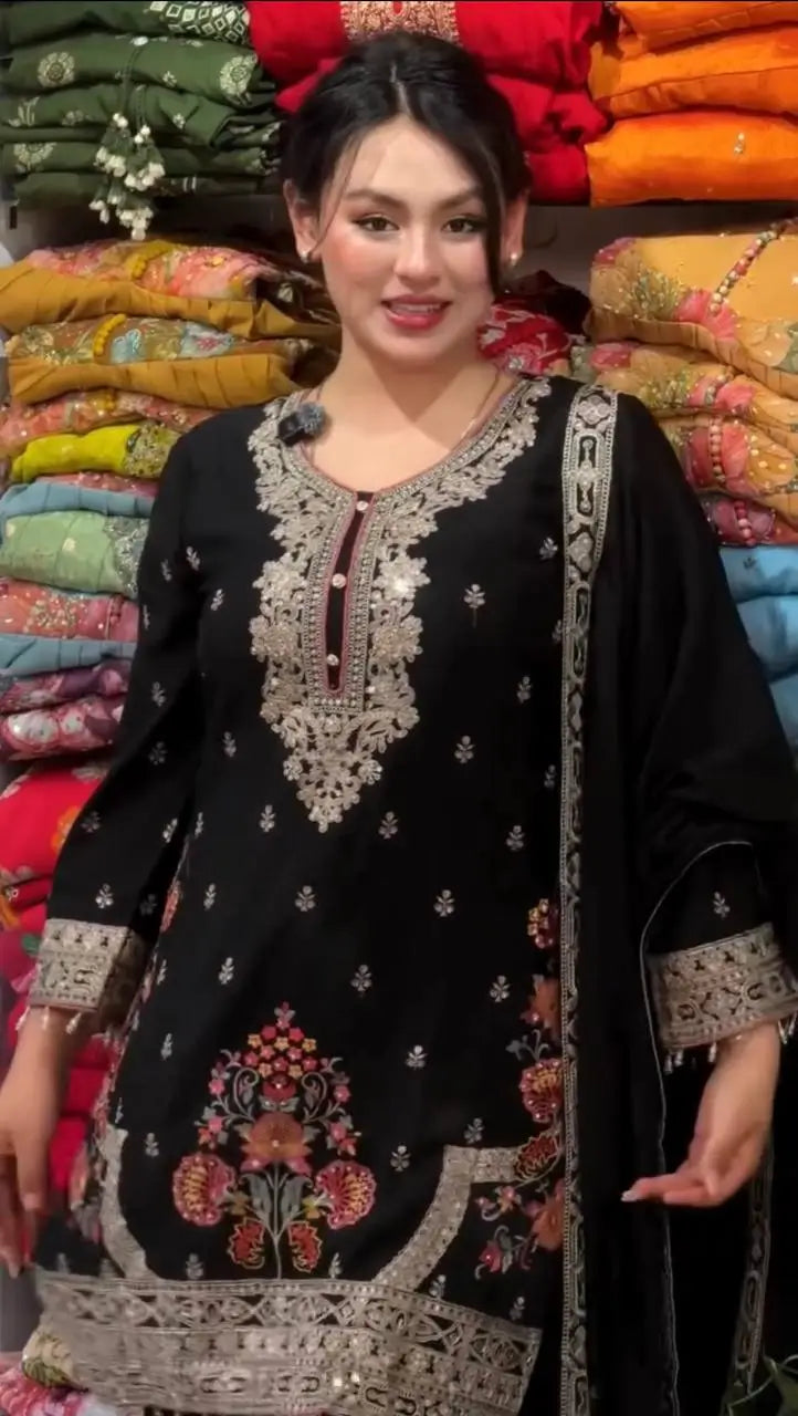 Onyx Floral Embroidered Palazzo Suit