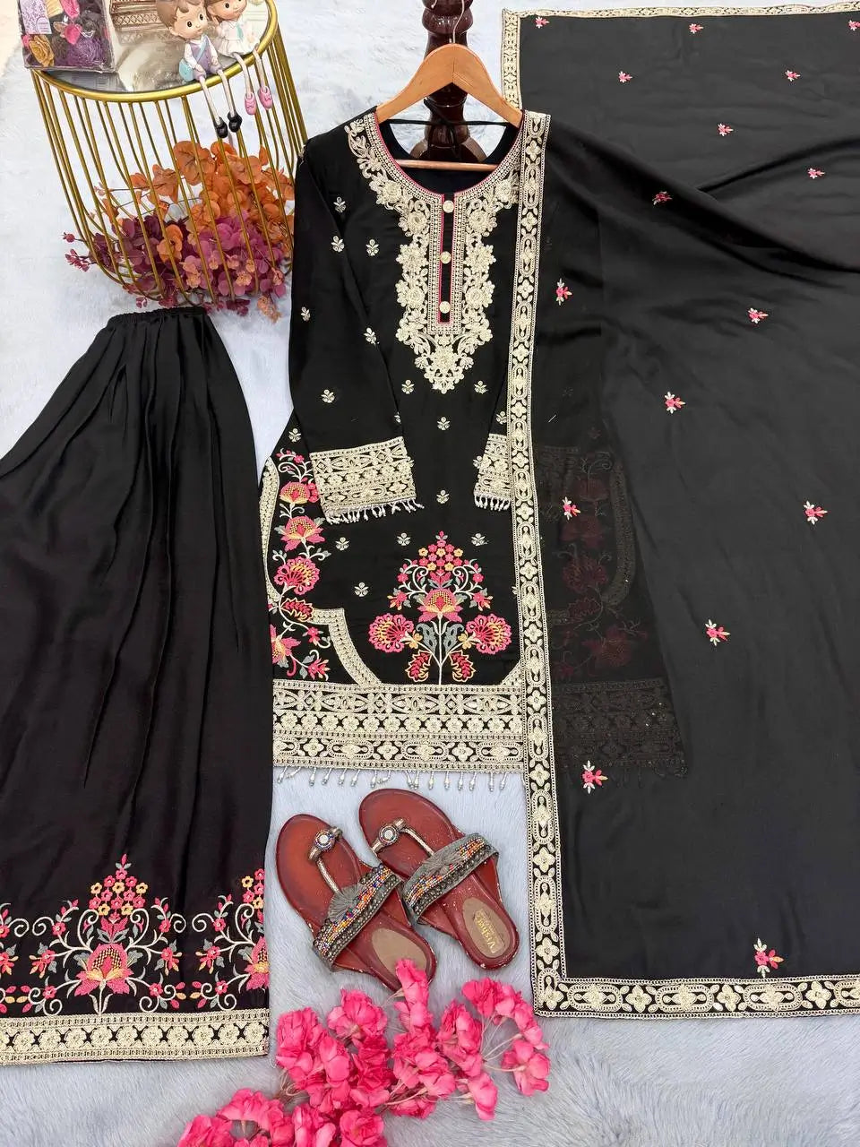 Onyx Floral Embroidered Palazzo Suit