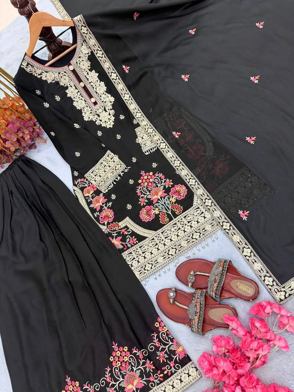 Onyx Floral Embroidered Palazzo Suit