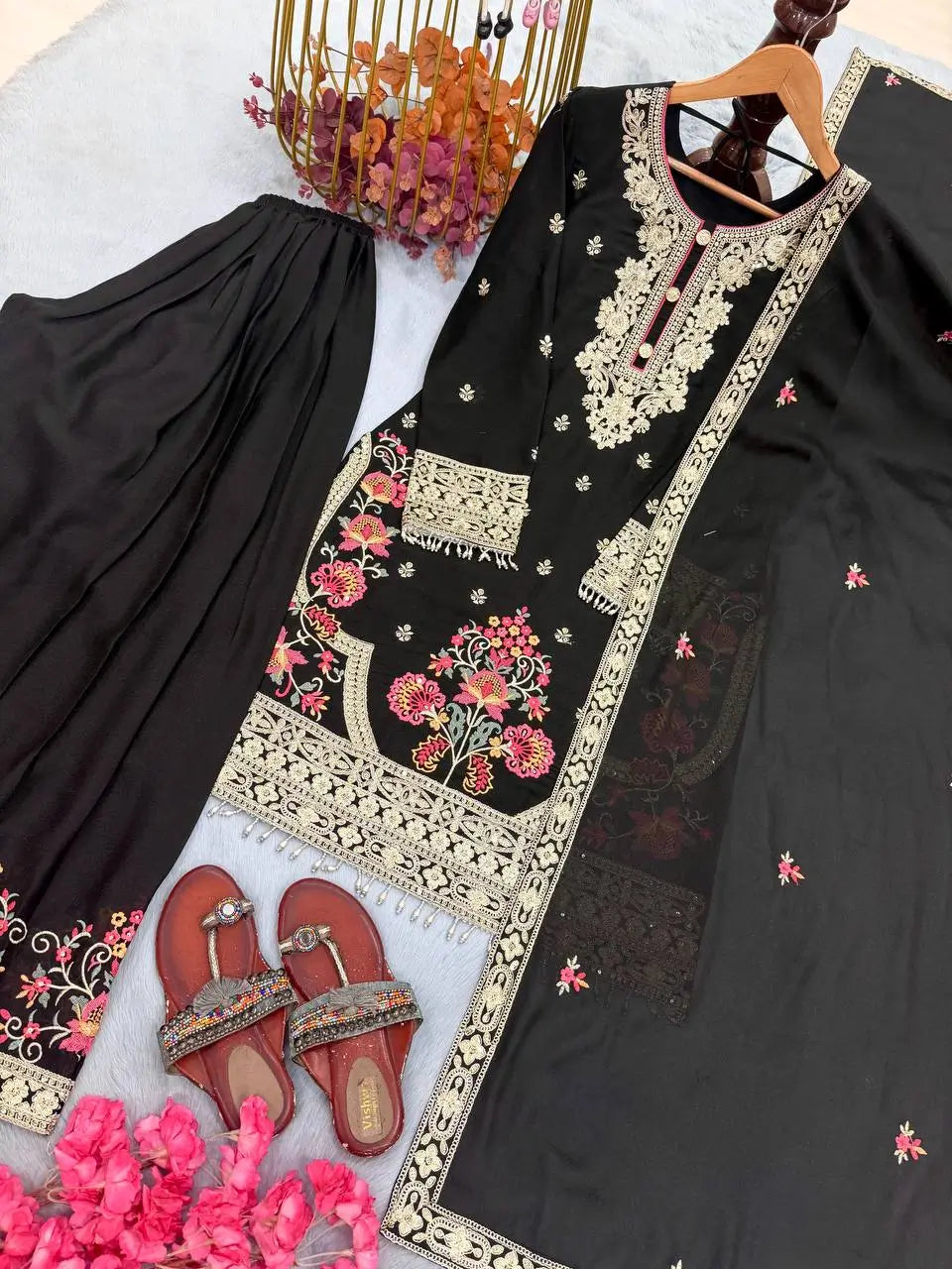 Onyx Floral Embroidered Palazzo Suit