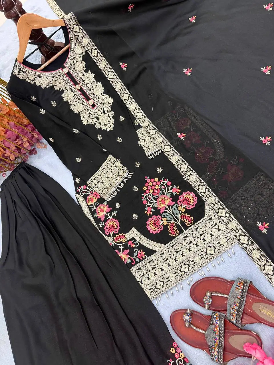 Onyx Floral Embroidered Palazzo Suit