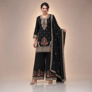Onyx Floral Embroidered Palazzo Suit