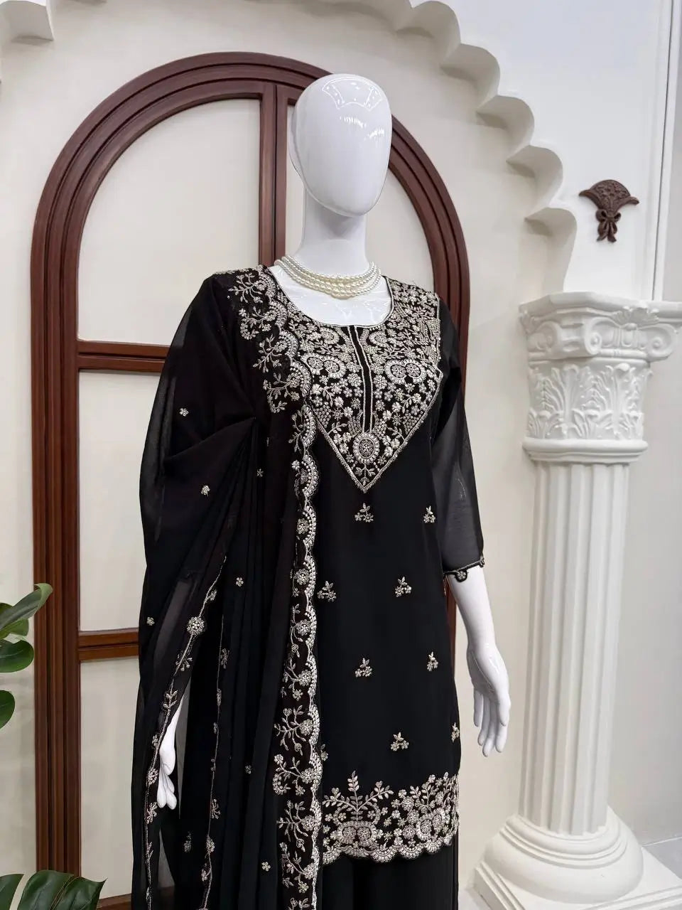 Onyx Mughal Bead Georgette Sharara Set