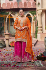 Orange Chinon Silk Thread Sequin Embroidered Sharara Suit Set with Lace Dupatta | Festive Wedding Wear
