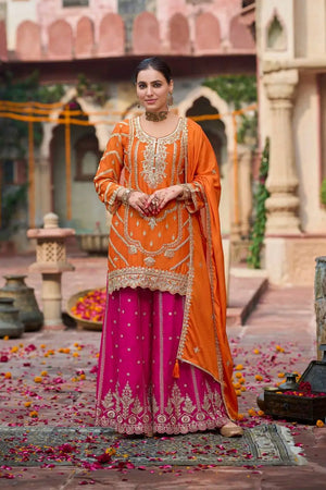 Orange Chinon Silk Thread Sequin Embroidered Sharara Suit Set with Lace Dupatta | Festive Wedding Wear