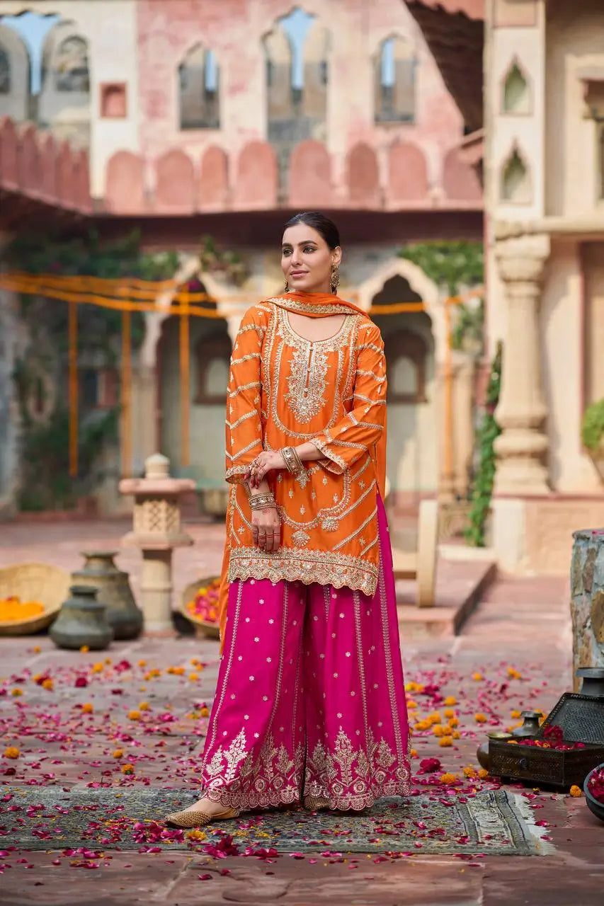 Orange Chinon Silk Thread Sequin Embroidered Sharara Suit Set with Lace Dupatta | Festive Wedding Wear