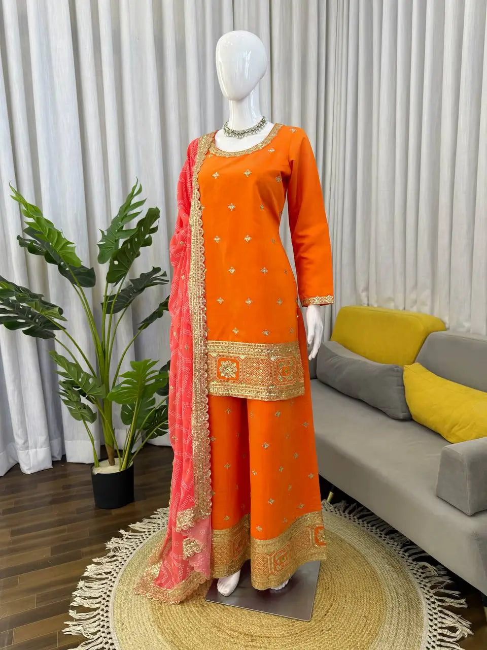 Orange Embroidered Chinon Palazzo Suit with Pink Printed Dupatta
