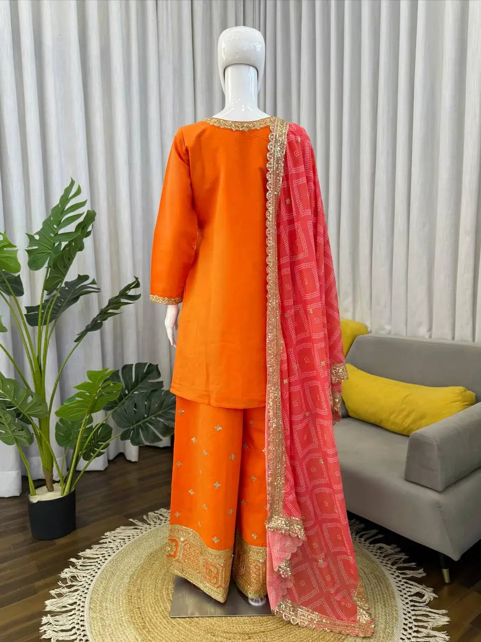 Orange Embroidered Chinon Palazzo Suit with Pink Printed Dupatta