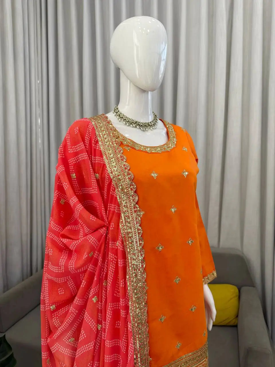 Orange Embroidered Chinon Palazzo Suit with Pink Printed Dupatta