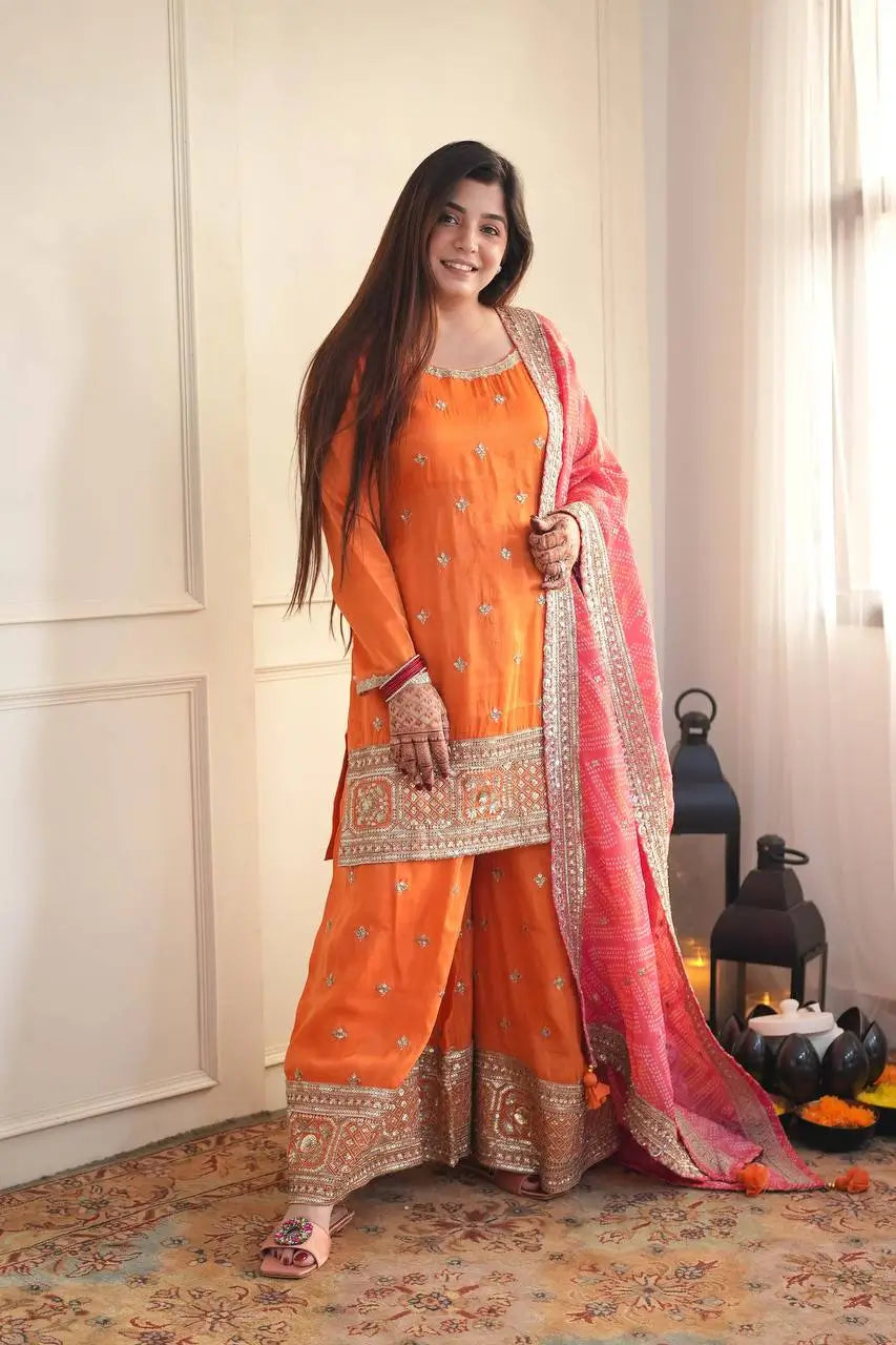 Orange Embroidered Chinon Palazzo Suit with Pink Printed Dupatta
