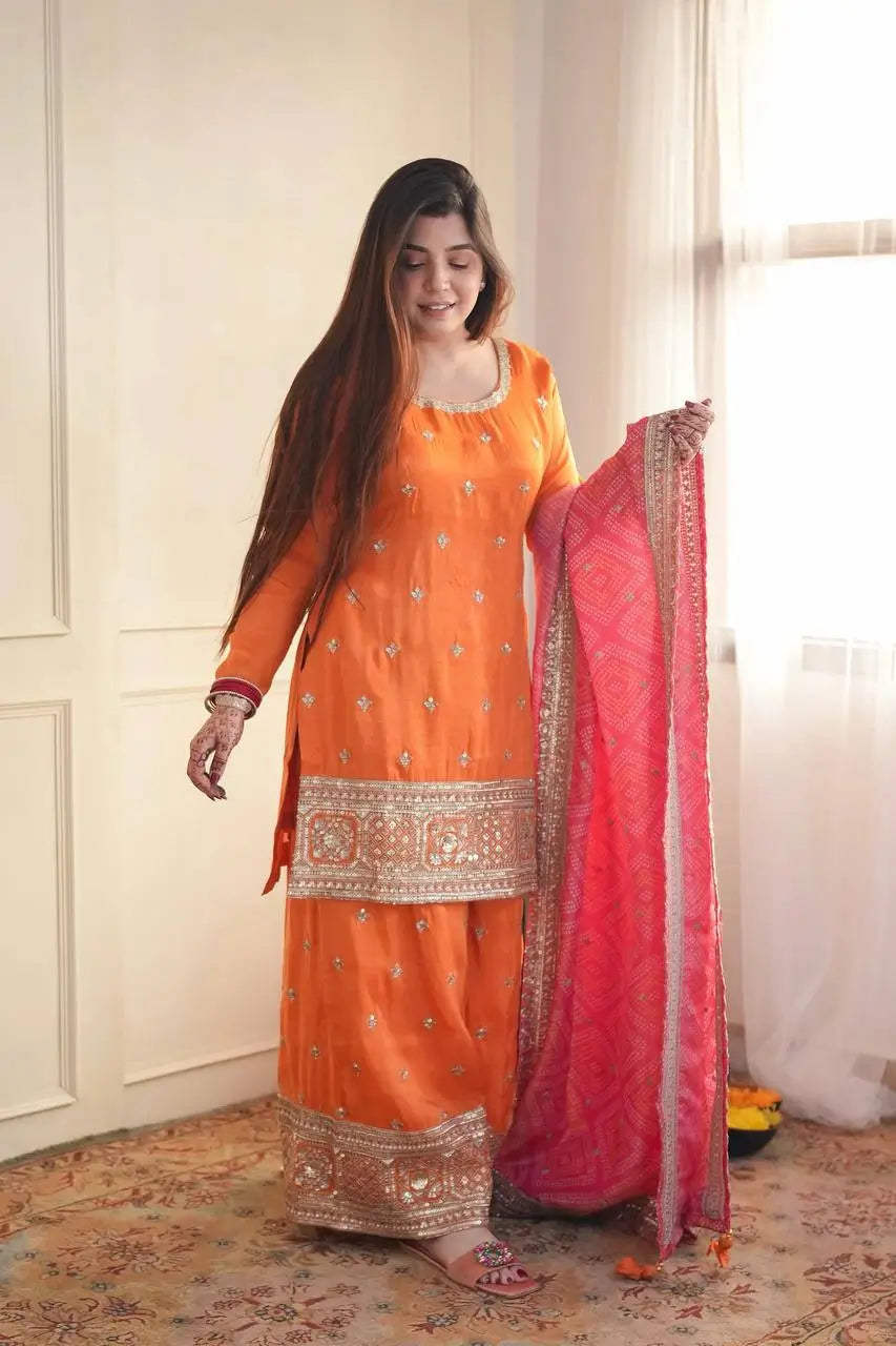 Orange Embroidered Chinon Palazzo Suit with Pink Printed Dupatta