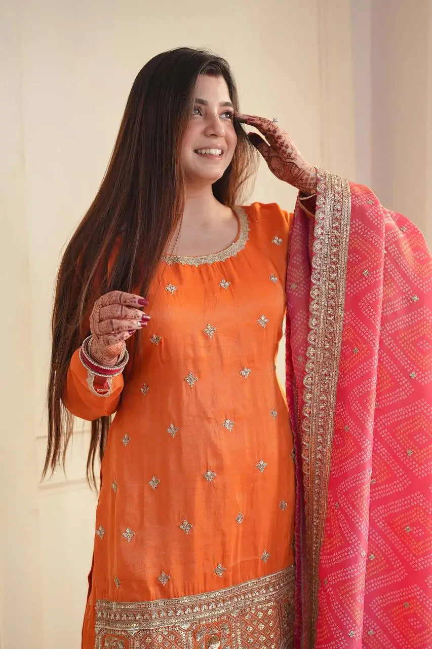 Orange Embroidered Chinon Palazzo Suit with Pink Printed Dupatta