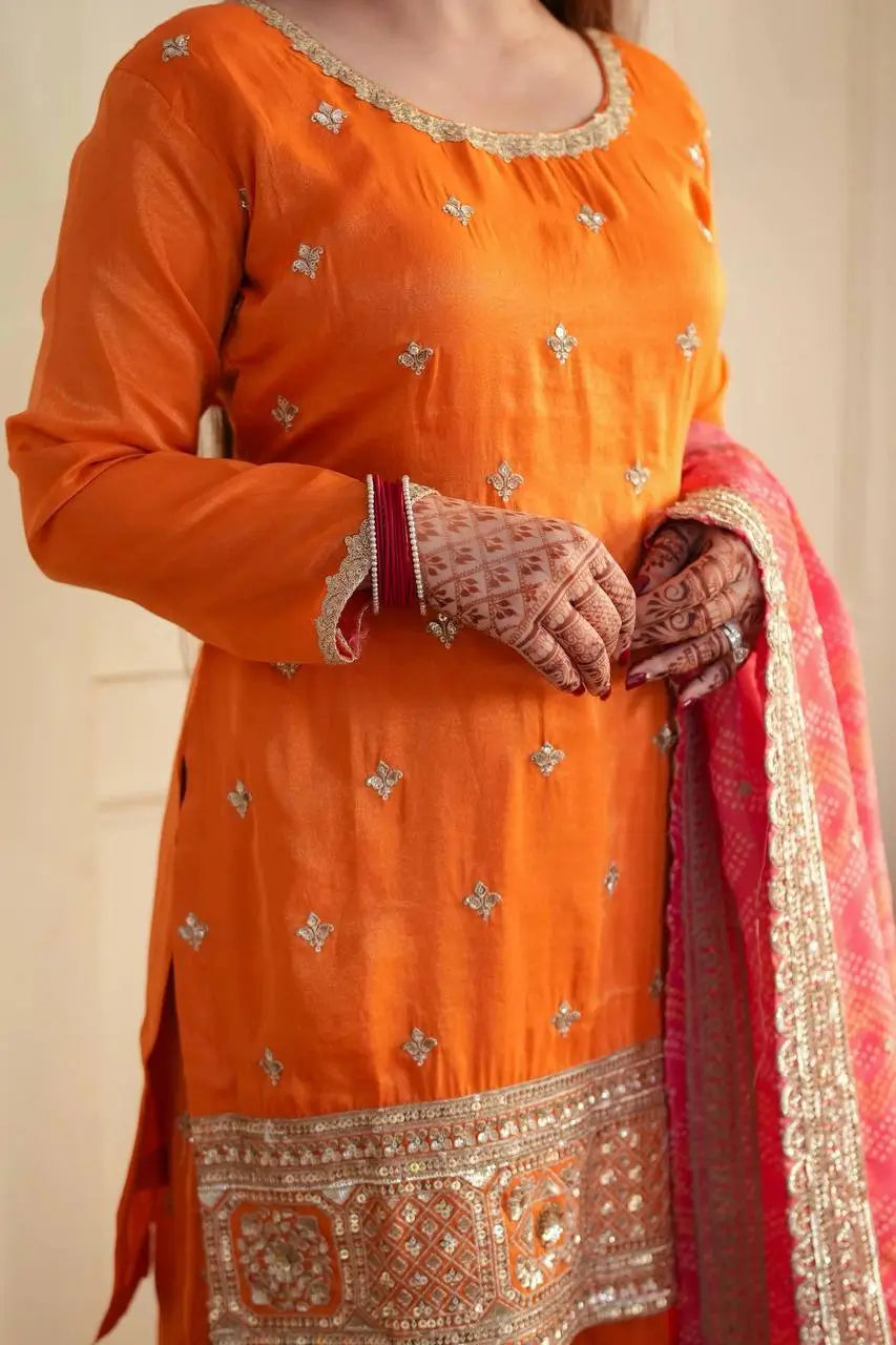 Orange Embroidered Chinon Palazzo Suit with Pink Printed Dupatta