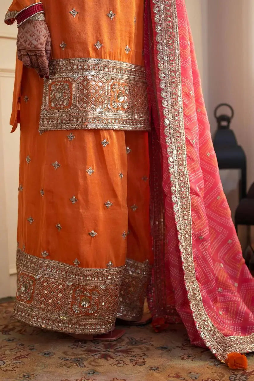 Orange Embroidered Chinon Palazzo Suit with Pink Printed Dupatta