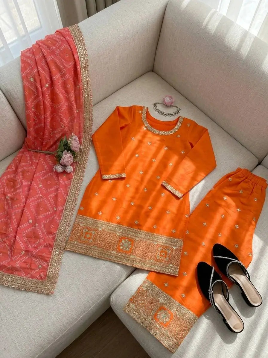 Orange Embroidered Chinon Palazzo Suit with Pink Printed Dupatta