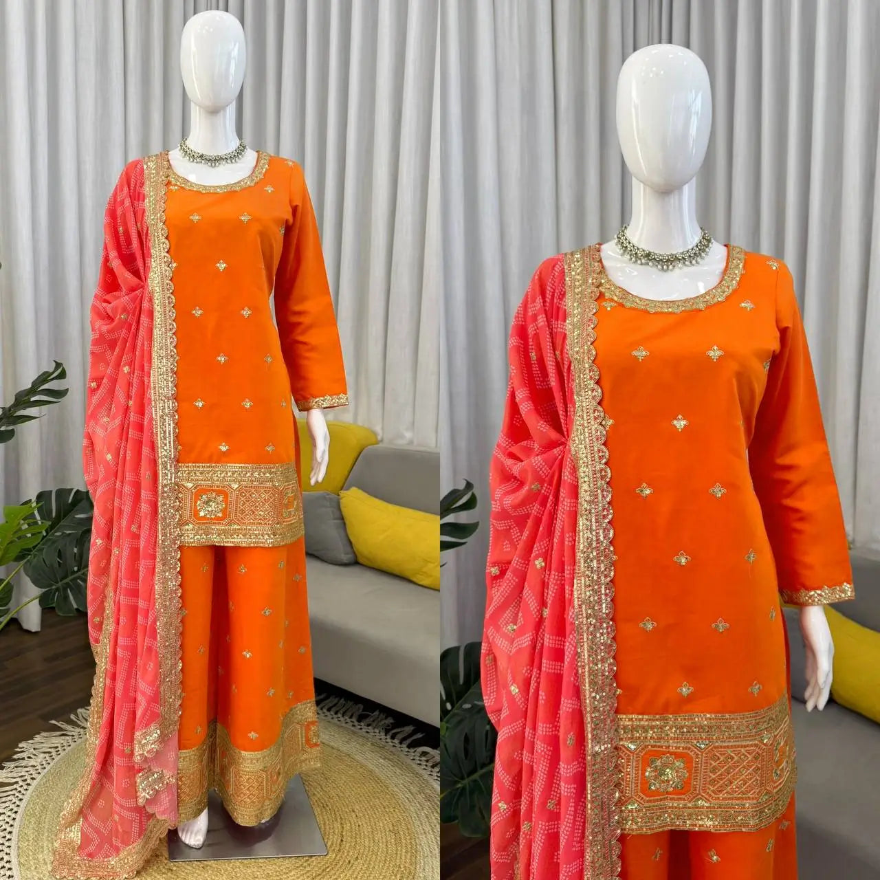 Orange Embroidered Chinon Palazzo Suit with Pink Printed Dupatta