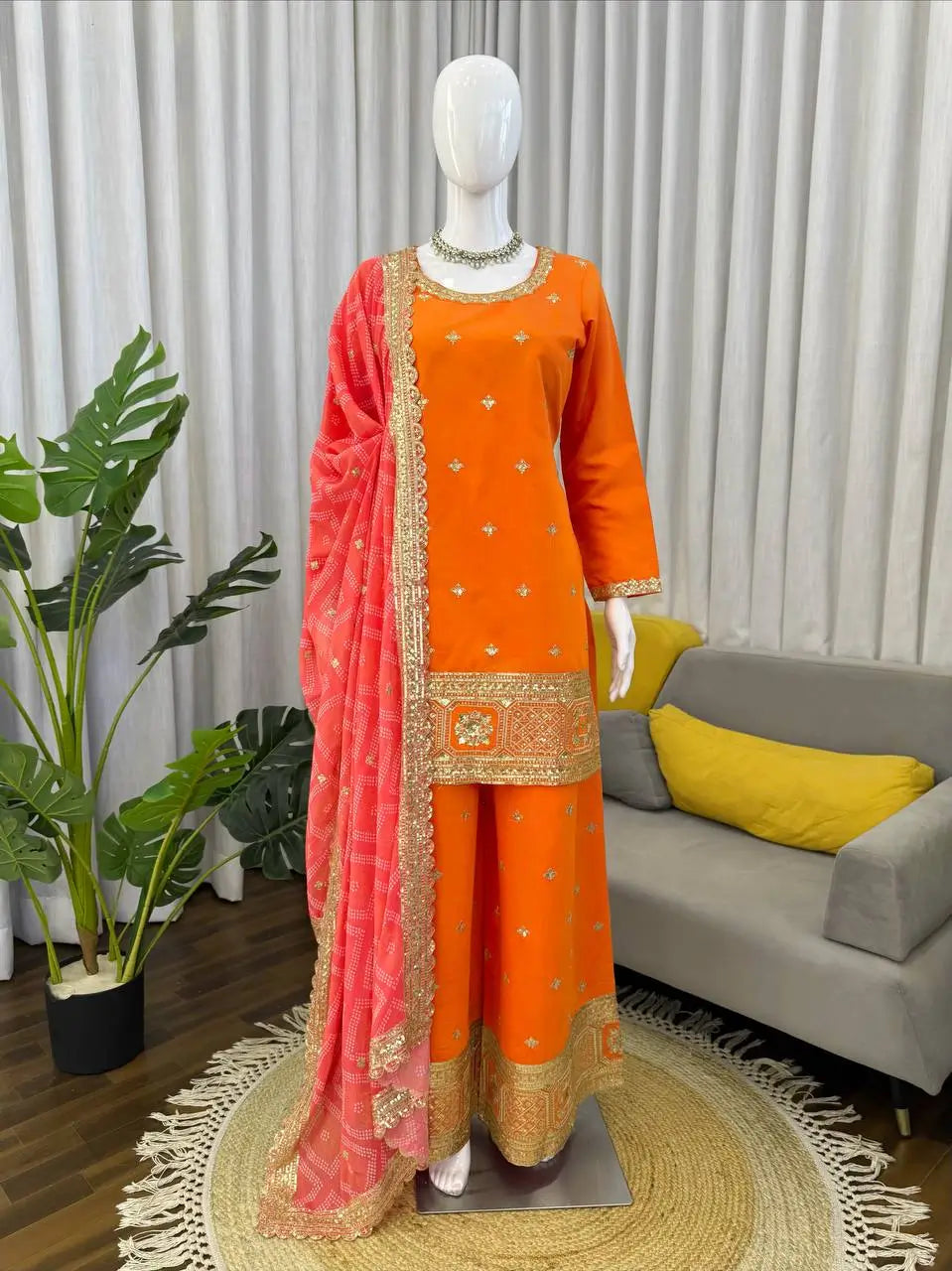 Orange Embroidered Chinon Palazzo Suit with Pink Printed Dupatta