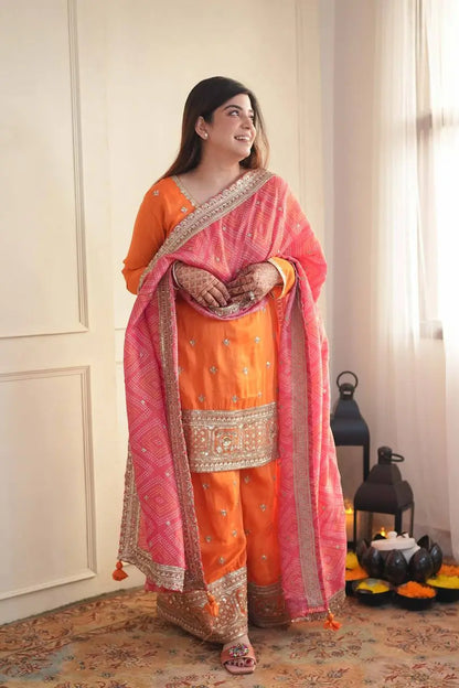 Orange Embroidered Chinon Palazzo Suit with Pink Printed Dupatta