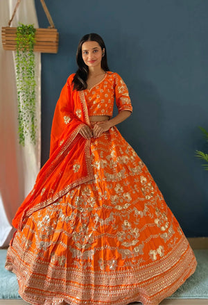 Orange Jalpari Silk Zari Sequin Lehenga