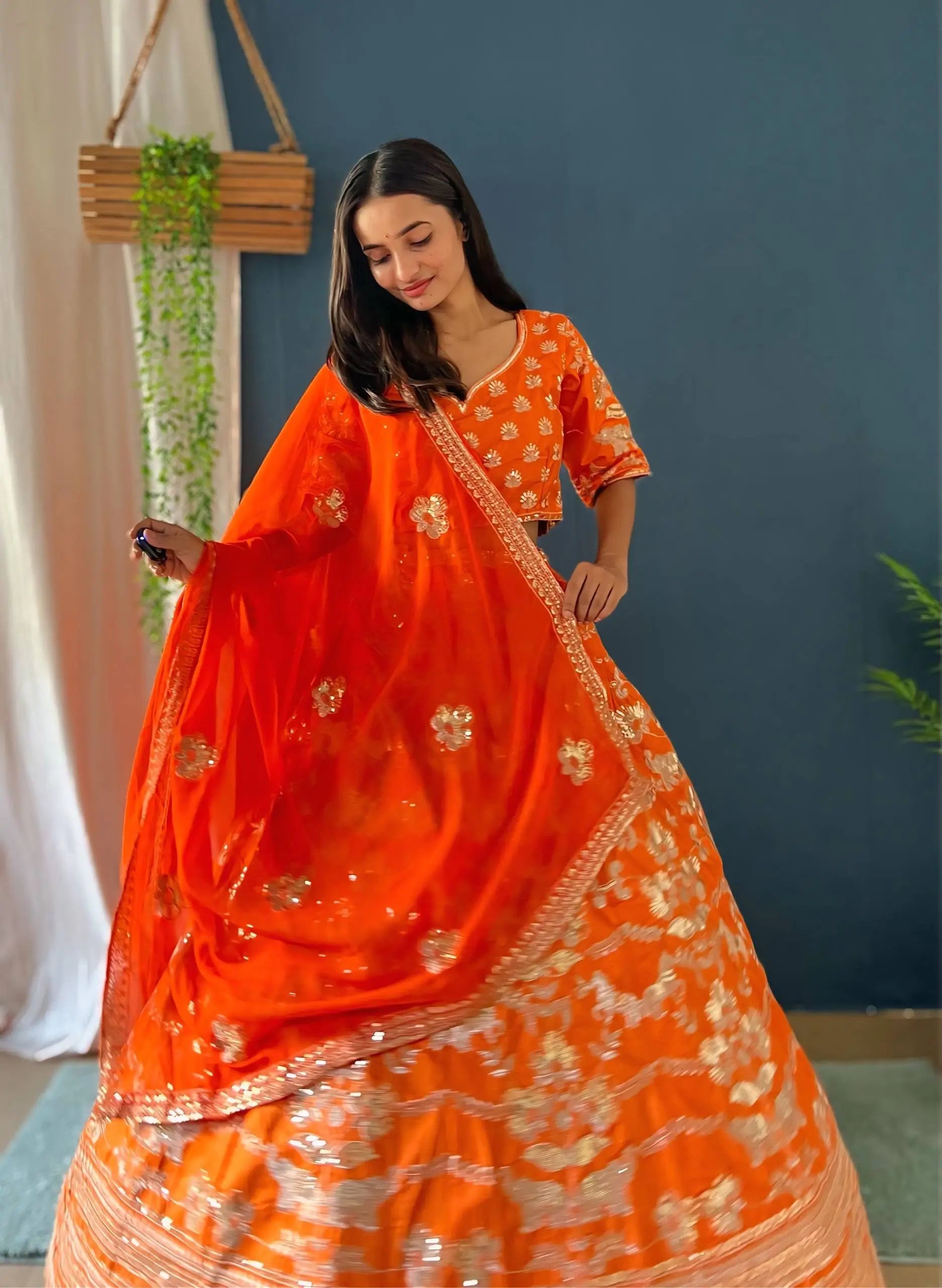 Orange Jalpari Silk Zari Sequin Lehenga