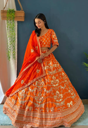 Orange Jalpari Silk Zari Sequin Lehenga