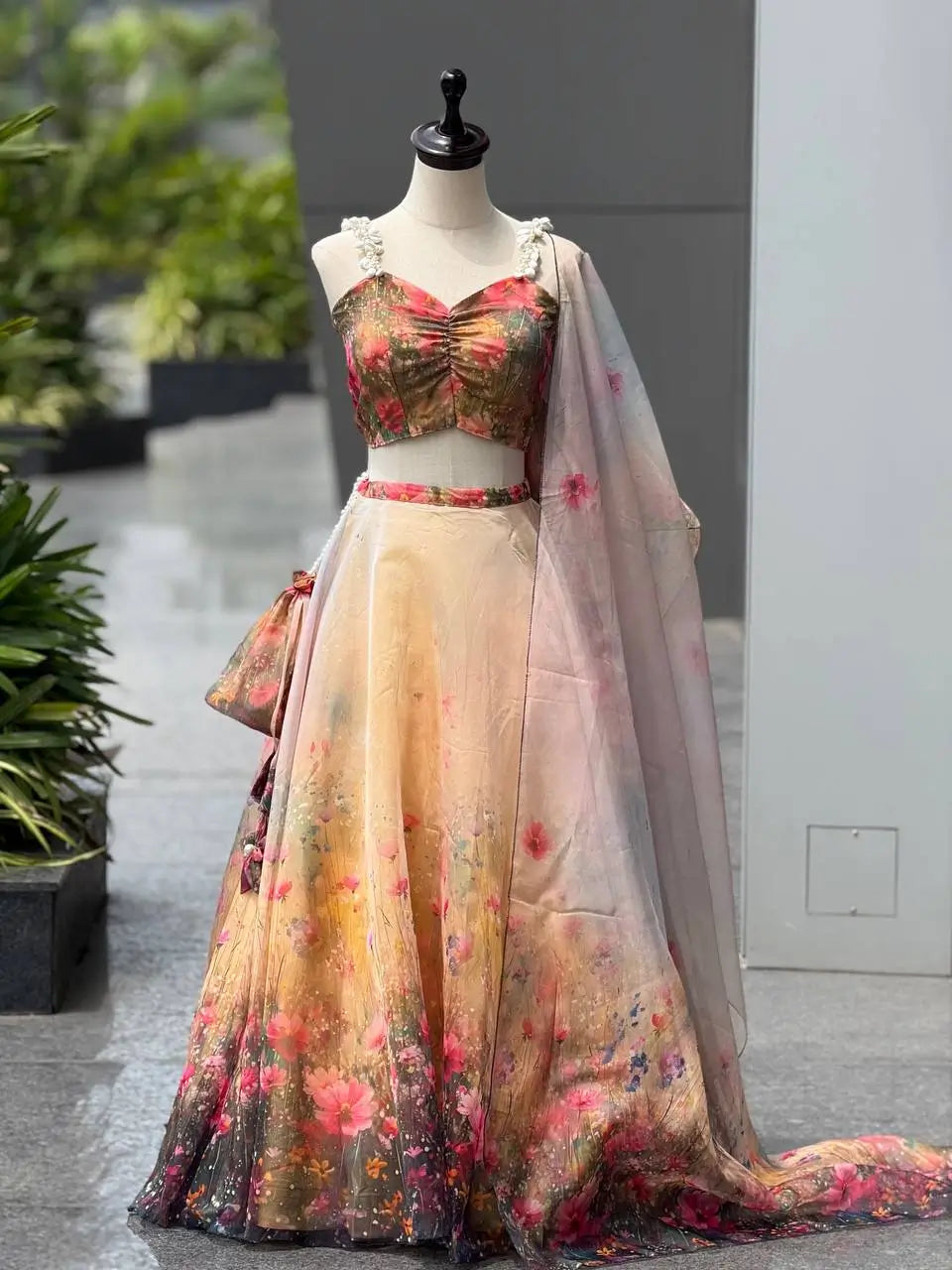 Organza Digital Print Lehenga Set with Blouse, Dupatta, and Batwa Bag