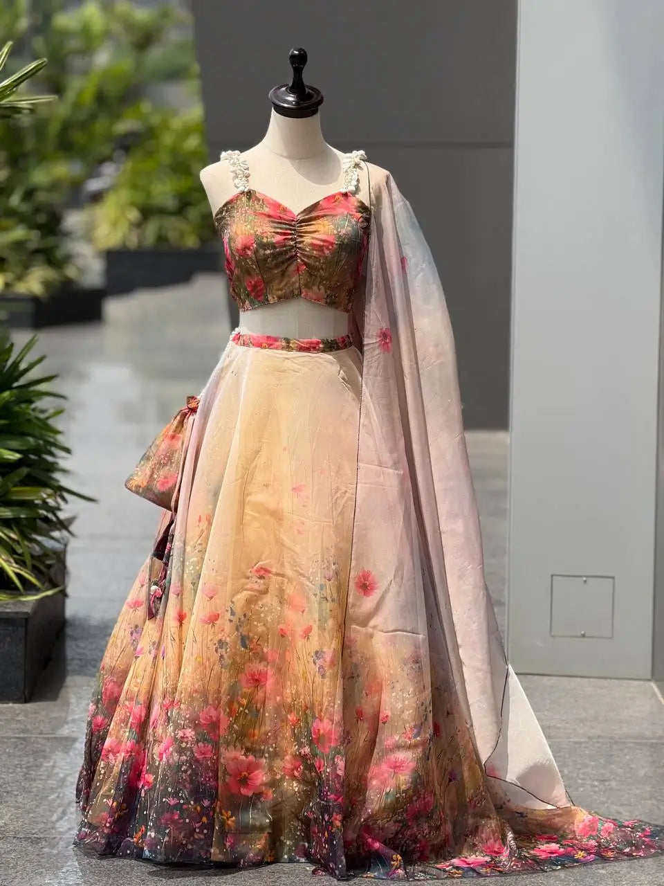 Organza Digital Print Lehenga Set with Blouse, Dupatta, and Batwa Bag
