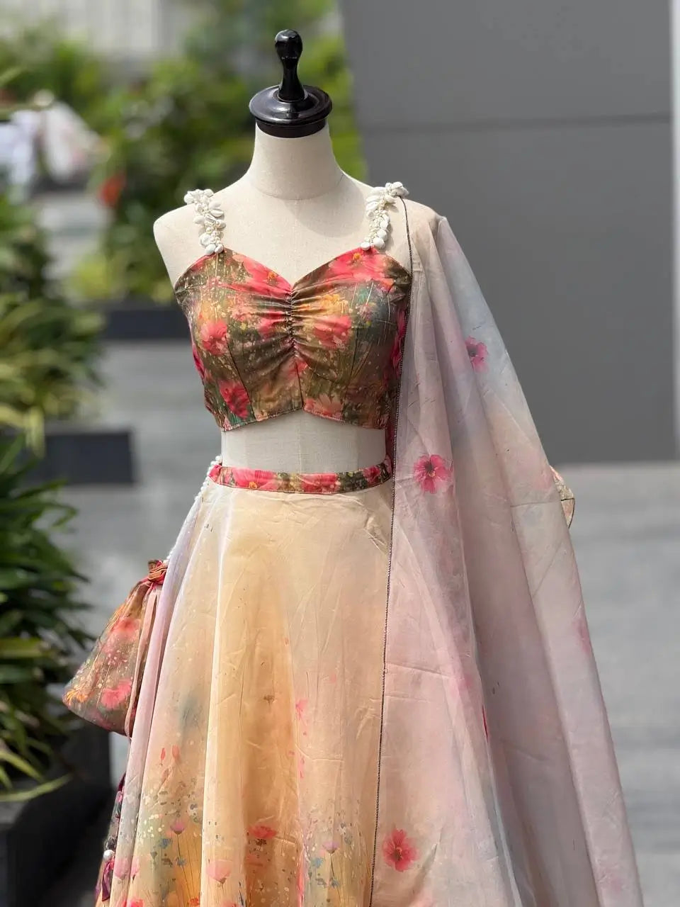 Organza Digital Print Lehenga Set with Blouse, Dupatta, and Batwa Bag