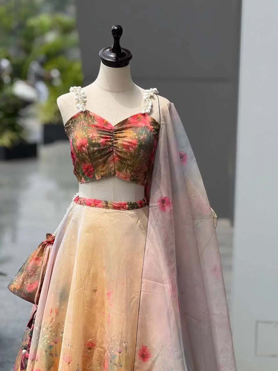 Organza Digital Print Lehenga Set with Blouse, Dupatta, and Batwa Bag