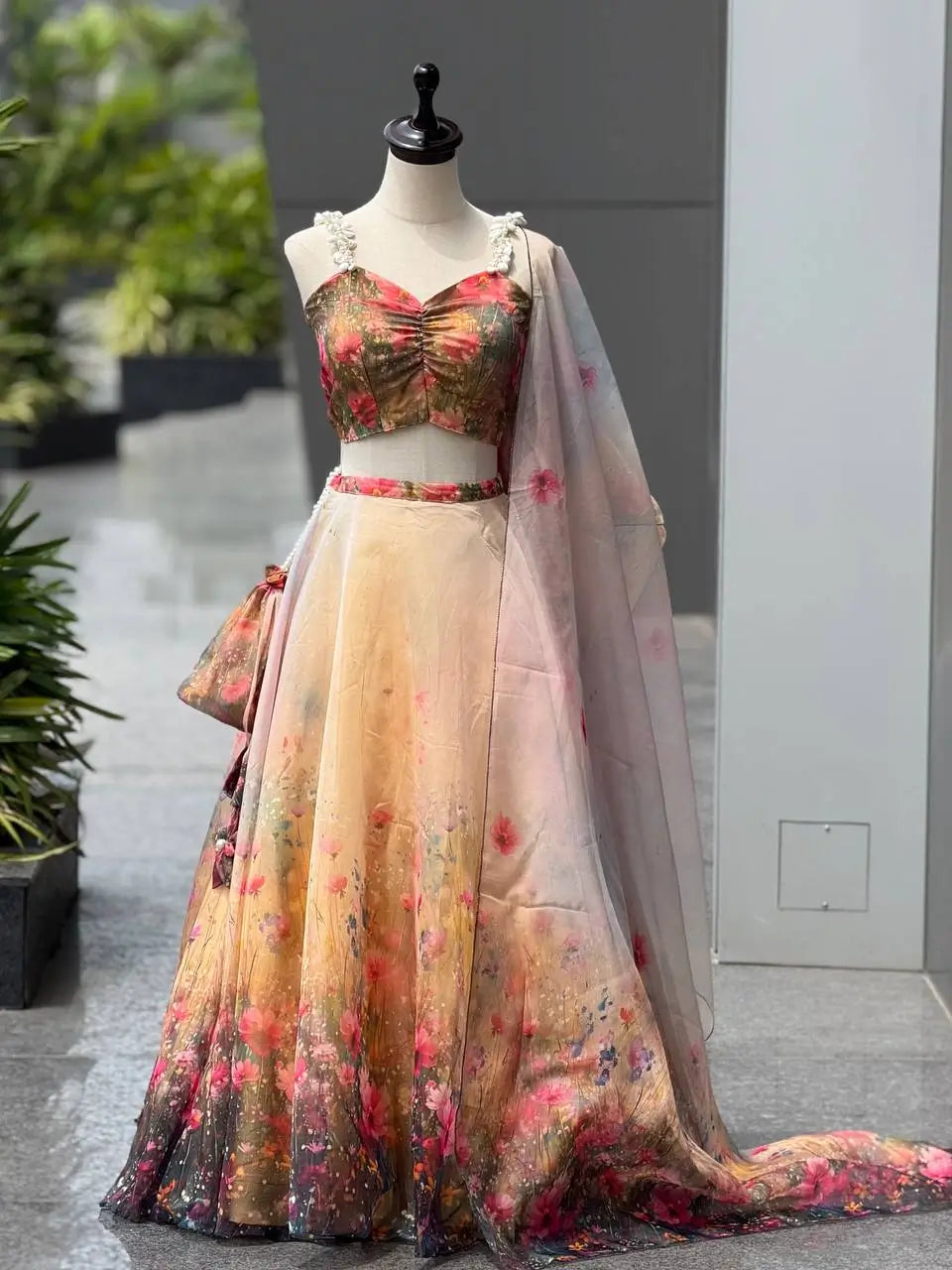 Organza Digital Print Lehenga Set with Blouse, Dupatta, and Batwa Bag