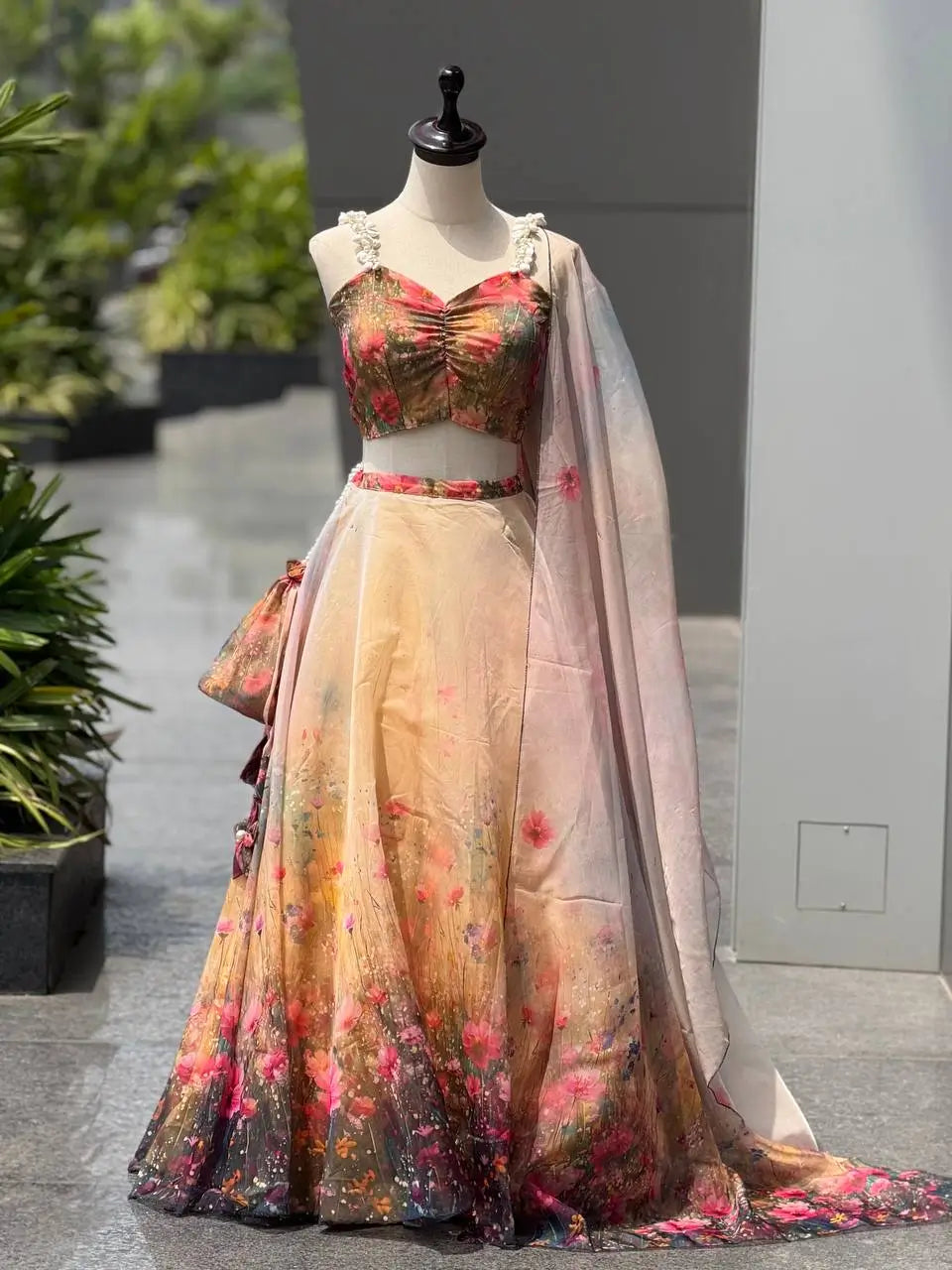 Organza Digital Print Lehenga Set with Blouse, Dupatta, and Batwa Bag