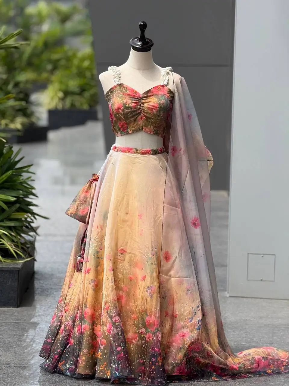Organza Digital Print Lehenga Set with Blouse, Dupatta, and Batwa Bag