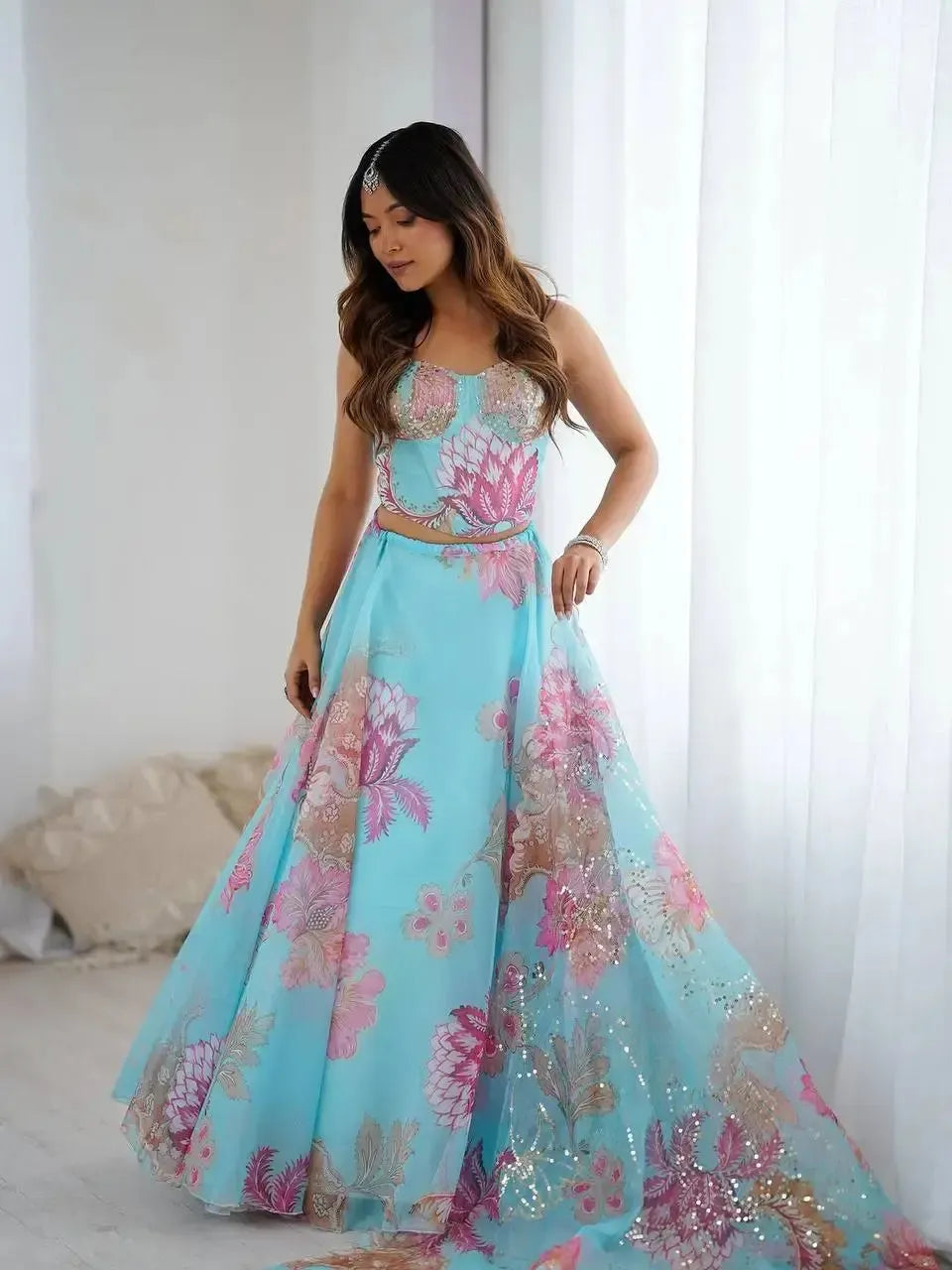 Organza Digital Print Lehenga Set with Embroidered Corset Blouse, Dupatta & Designer Batwa
