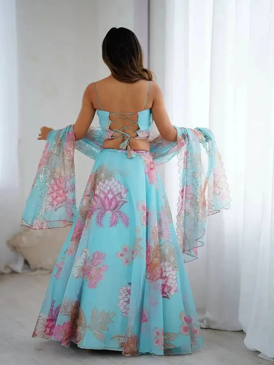 Organza Digital Print Lehenga Set with Embroidered Corset Blouse, Dupatta & Designer Batwa