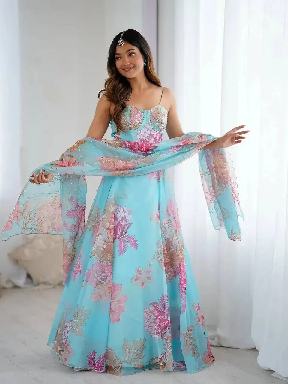 Organza Digital Print Lehenga Set with Embroidered Corset Blouse, Dupatta & Designer Batwa