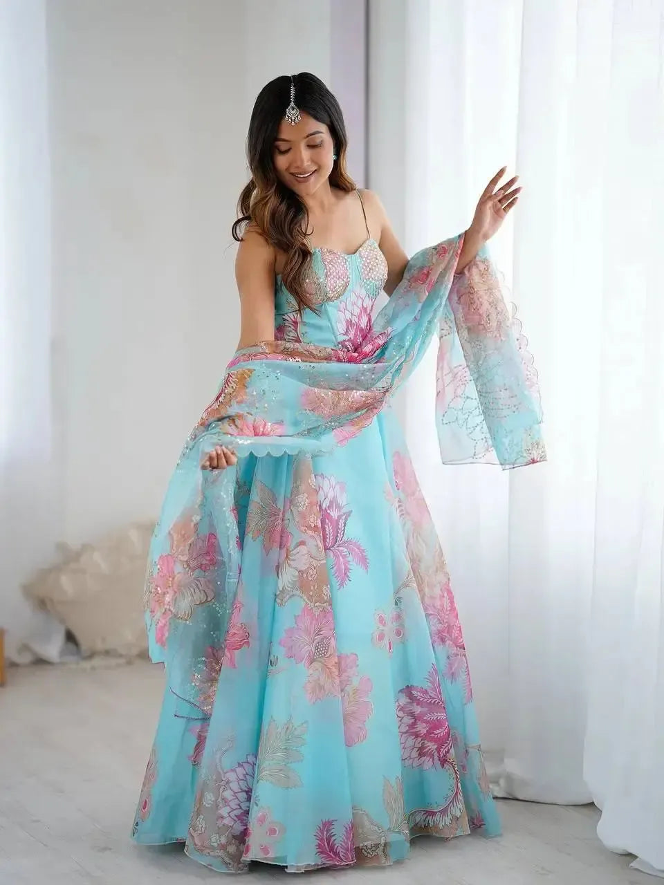 Organza Digital Print Lehenga Set with Embroidered Corset Blouse, Dupatta & Designer Batwa