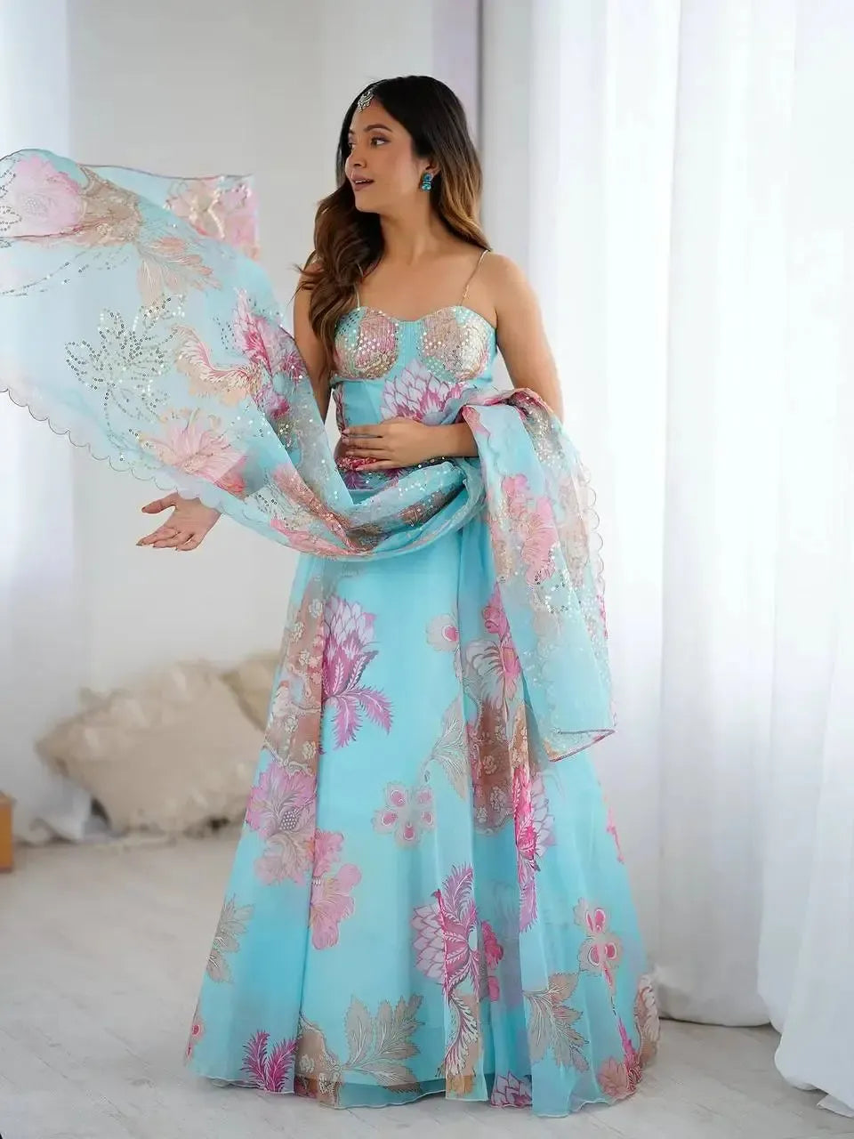 Organza Digital Print Lehenga Set with Embroidered Corset Blouse, Dupatta & Designer Batwa
