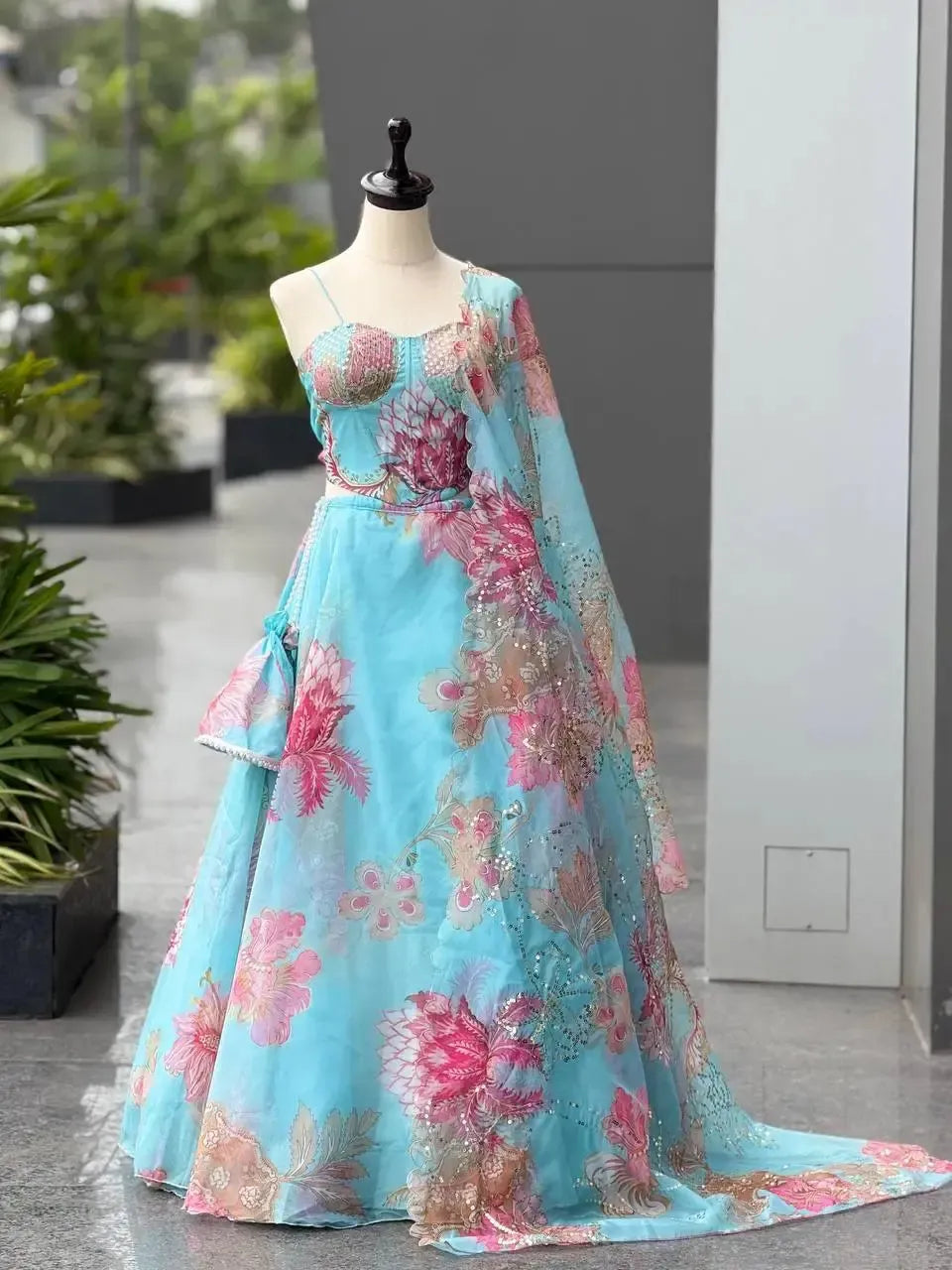 Organza Digital Print Lehenga Set with Embroidered Corset Blouse, Dupatta & Designer Batwa