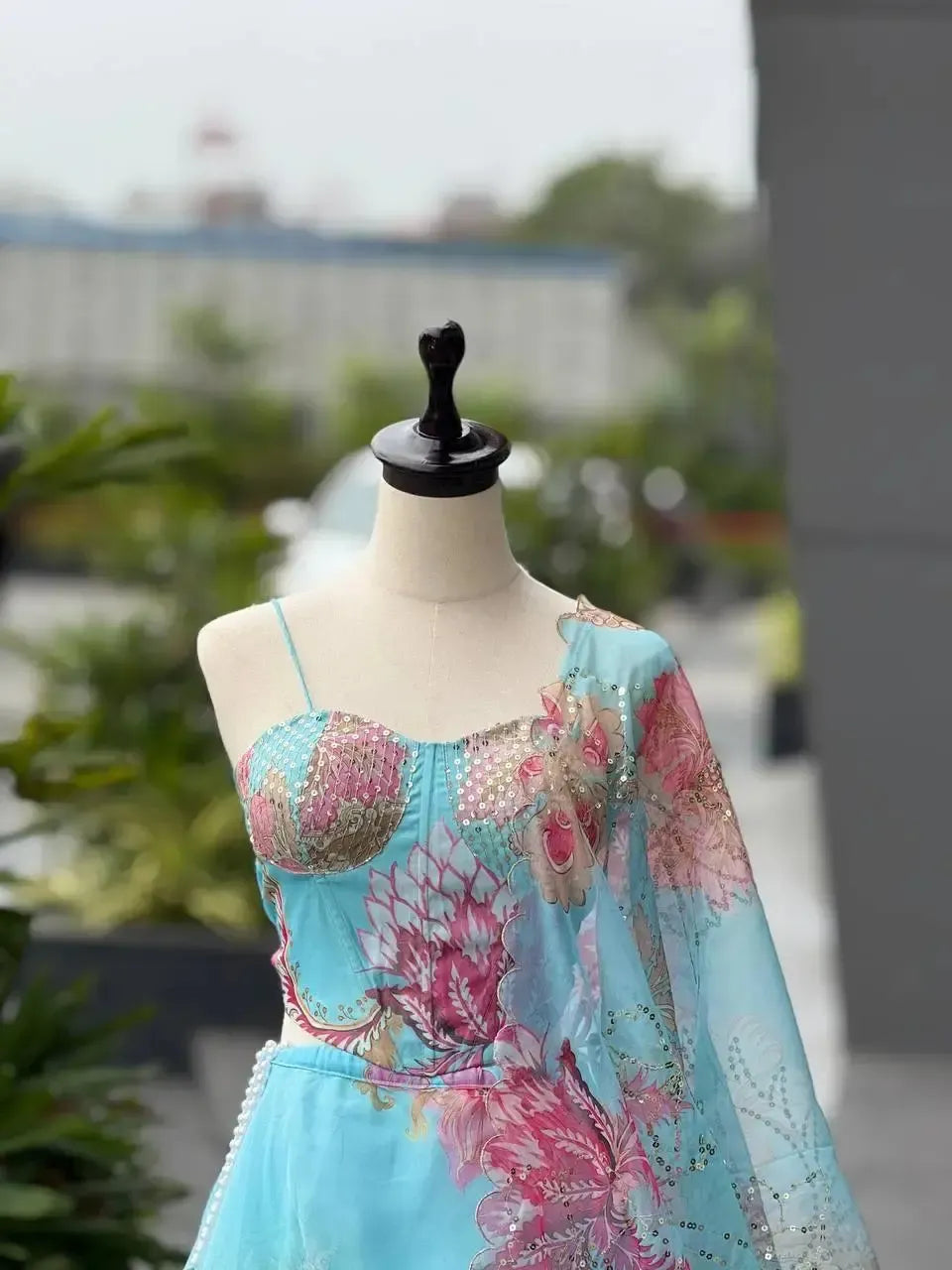 Organza Digital Print Lehenga Set with Embroidered Corset Blouse, Dupatta & Designer Batwa