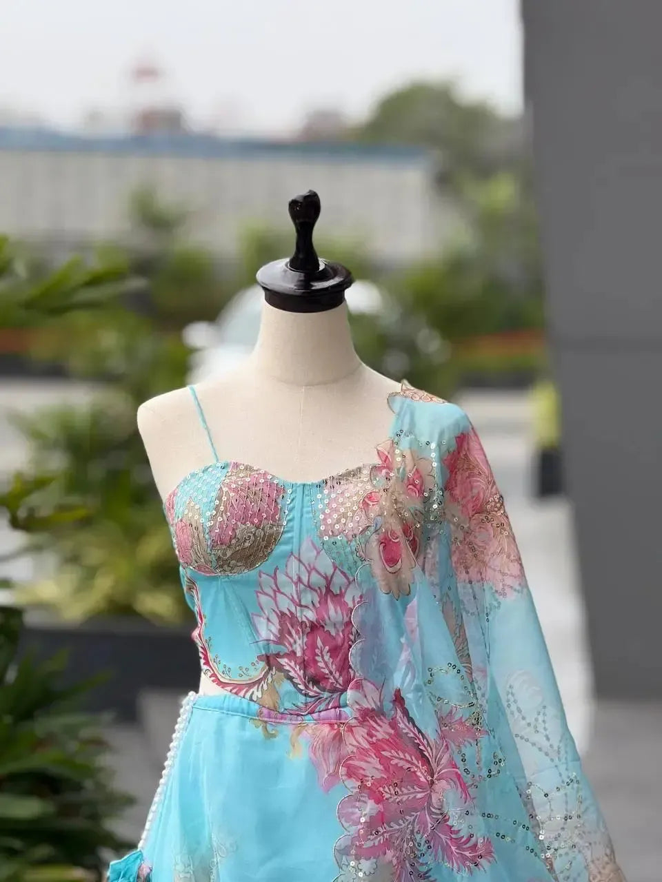 Organza Digital Print Lehenga Set with Embroidered Corset Blouse, Dupatta & Designer Batwa