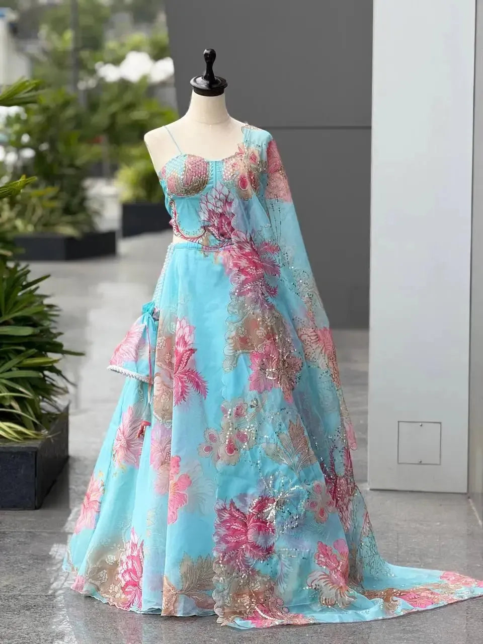 Organza Digital Print Lehenga Set with Embroidered Corset Blouse, Dupatta & Designer Batwa